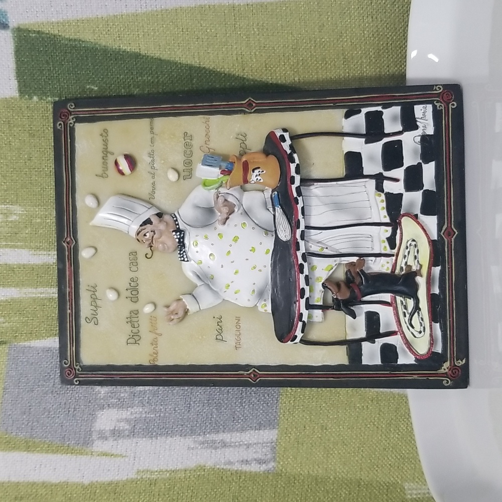 VTG DENA MARIE ITALIAN CHEF 3D WALL ART WITH BLK & BROWN DACHSHUND DOG SIGNED